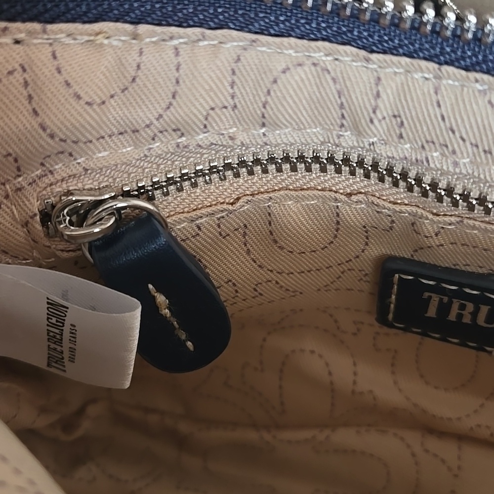 True Religion Rhinestone Studded Horseshoe Denim Shoulder Bag - Picture 9 of 10